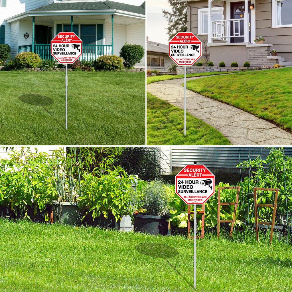 Faittoo Security Sign Video Surveillance Sign with 36" Stake for Outside, 2-Pack 12"x12" Rust Free Heavy Aluminum, Reflective, Fade Resistant, 2 pre-drilled holes, Includes Matching Screws & Wrench,