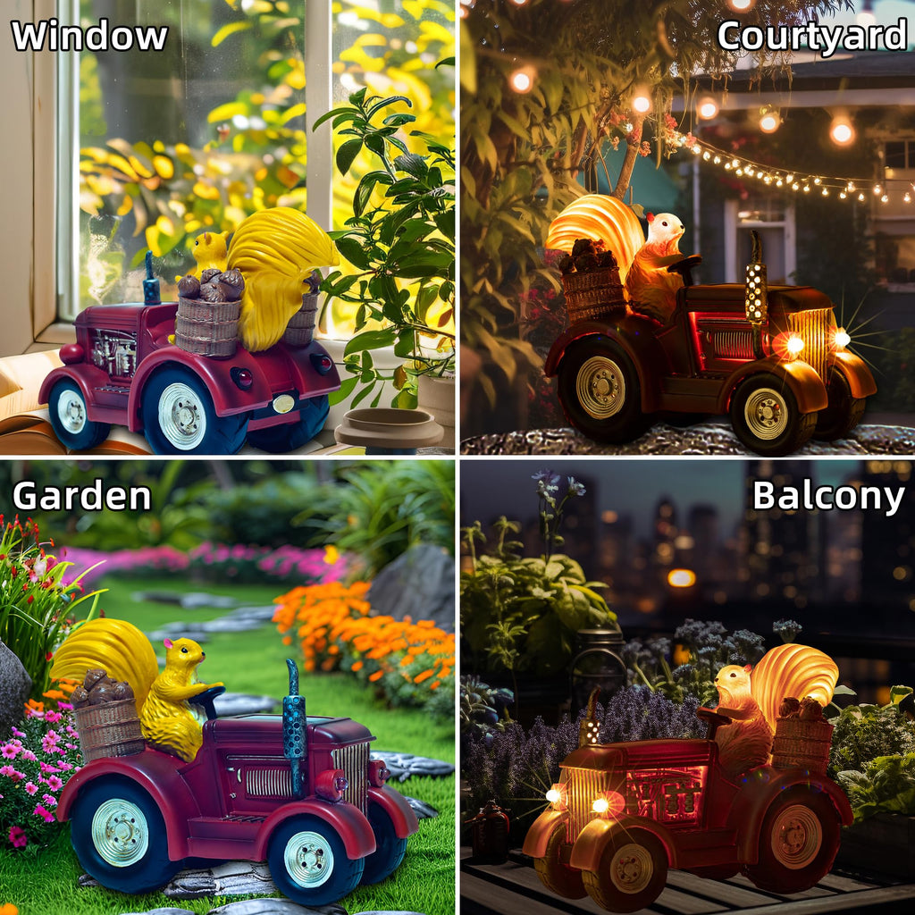 YUETJIN Solar Lighted Squirrel's Farm Tractor Statue