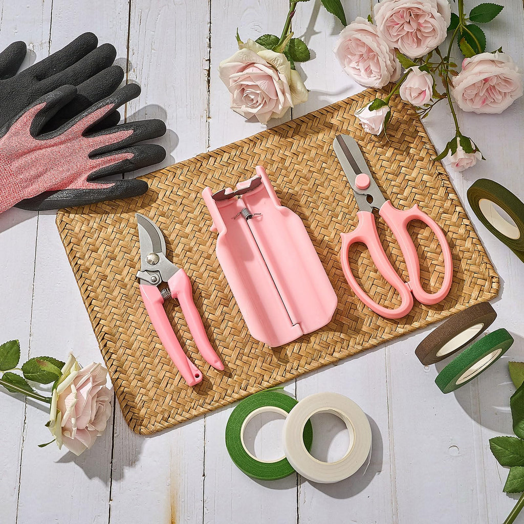 Lasnten 9 Pcs Rose Thorn Remover Set Include 1 Flower Thorn Stripper Tool 5 Floral Tape 1 Flower Scissor 1 Curve Gardening Scissors 1 Pair Gardening Gloves for Wedding Women Mother Gift (Pink)