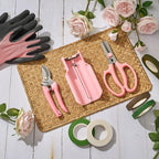 Lasnten 9 Pcs Rose Thorn Remover Set Include 1 Flower Thorn Stripper Tool 5 Floral Tape 1 Flower Scissor 1 Curve Gardening Scissors 1 Pair Gardening Gloves for Wedding Women Mother Gift (Pink)