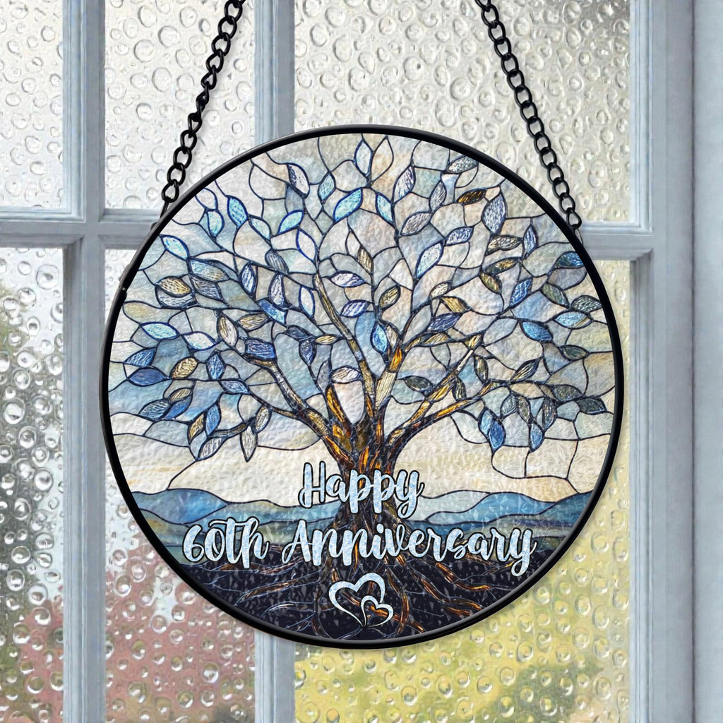 60th Wedding Anniversary Faux Stained Glass Suncatcher, 60 Years of Marriage Keepsake Ornament, Diamond Wedding