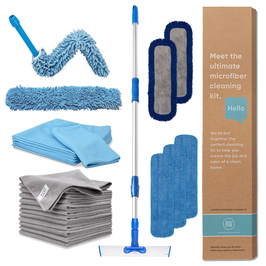 Ultimate Microfiber Cleaning Kit - Dry & Wet Mop for Hardwood, Tile, Vinyl Floors | 12Pack Microfiber Cloths | High Duster | Glass Cleaning Cloths | Reusable Mop Pads | Long Telescopic Handle
