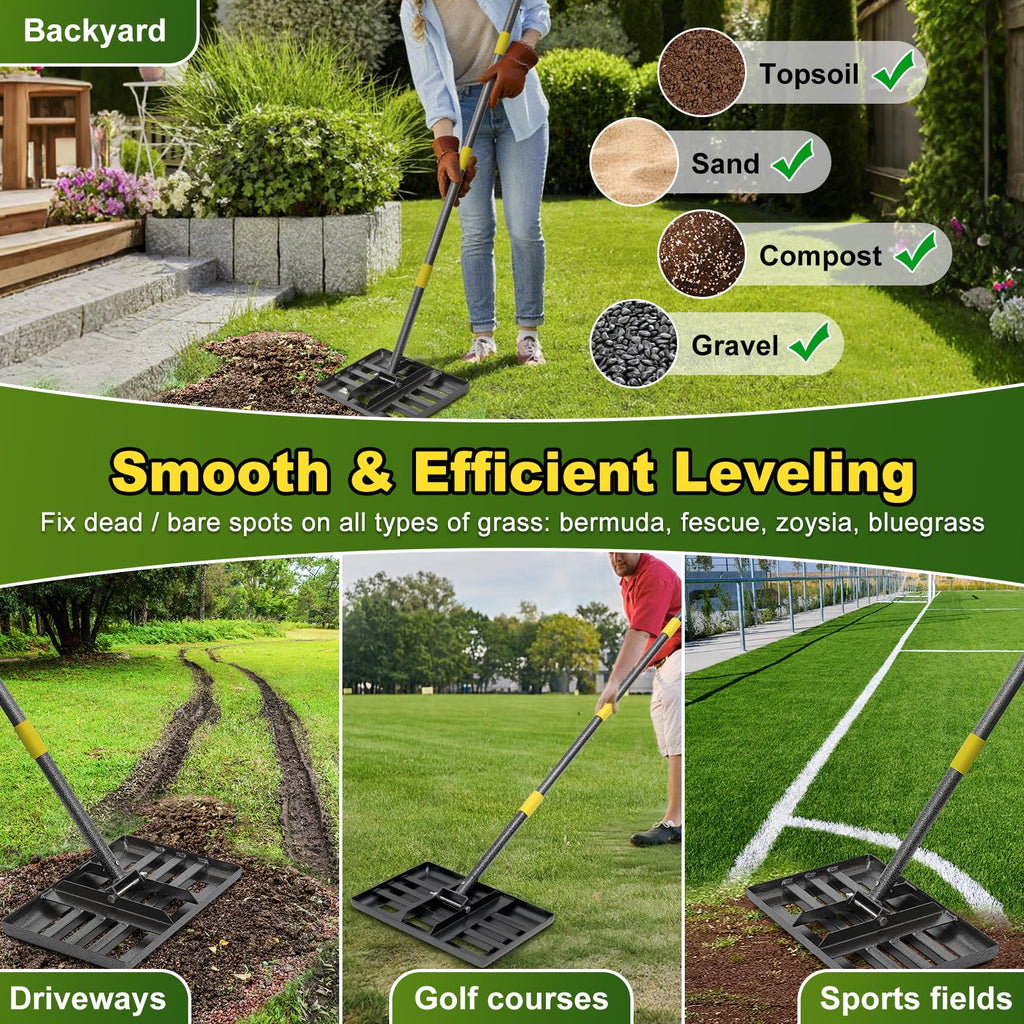 Lawn Leveling Rake: Anti Flipping 17" x 10" Stainless Steel Lawn Ground Leveler for Soil, Heavy Duty Grass Top Soil Dressing Leveling Rake, Home Lawn,Golf Field,Yard Landscaping Tool, 60” Long Handle