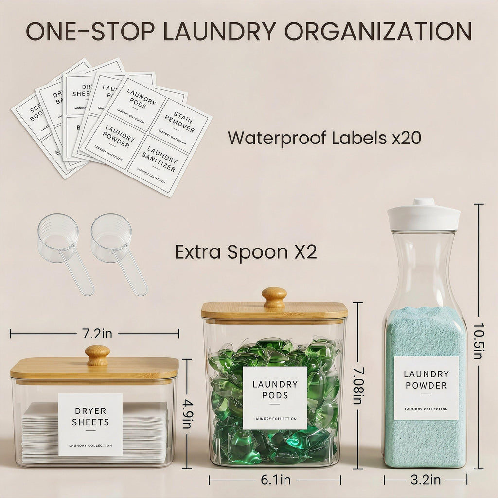 cocolanco 3+2 Pack Laundry Pods Containers & Dryer Sheet Holder & Laundry Detergent Dispenser, Laundry Room Organization and Storage Jars with Lids, Labels and Scoops for Scent Booster, Powder, Pods