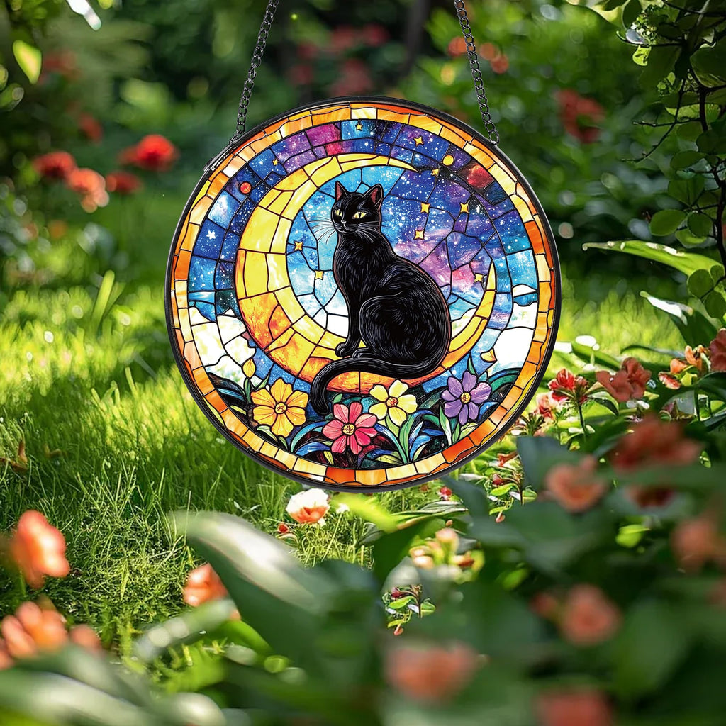 Black Cat Stained Glass Window Hanging, Cat Gifts for Women Moon and Stars Suncatcher with Metal Chain and Hooks, Sun Catcher Glass Art for Indoor Window Decor