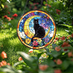 Black Cat Stained Glass Window Hanging, Cat Gifts for Women Moon and Stars Suncatcher with Metal Chain and Hooks, Sun Catcher Glass Art for Indoor Window Decor