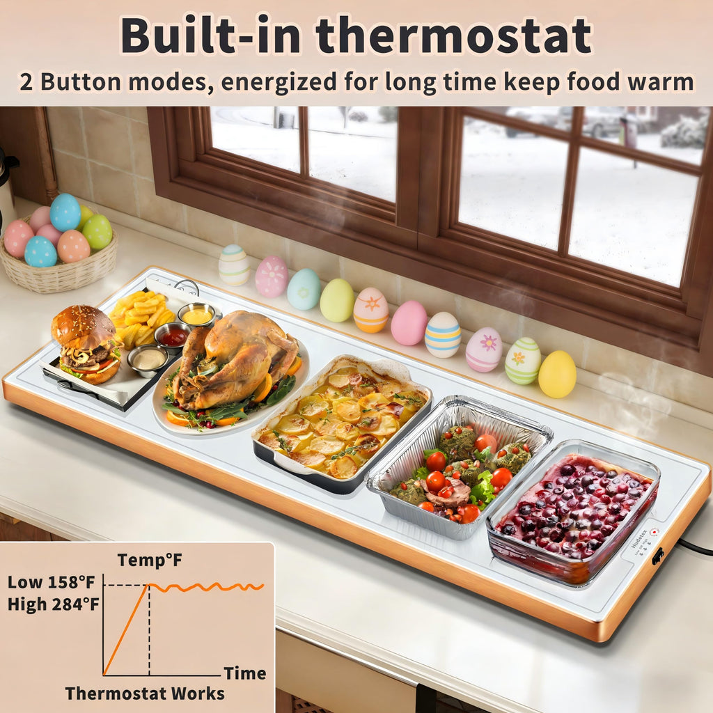 Warming Mat for Food (Extra Long 40"x12"), Warming Trays for Buffets Party & Daily Use, Temperature Control Food Warmer, Full Surface Warm Tempered Glass Food Warming Mat, White Electric Warming Tray