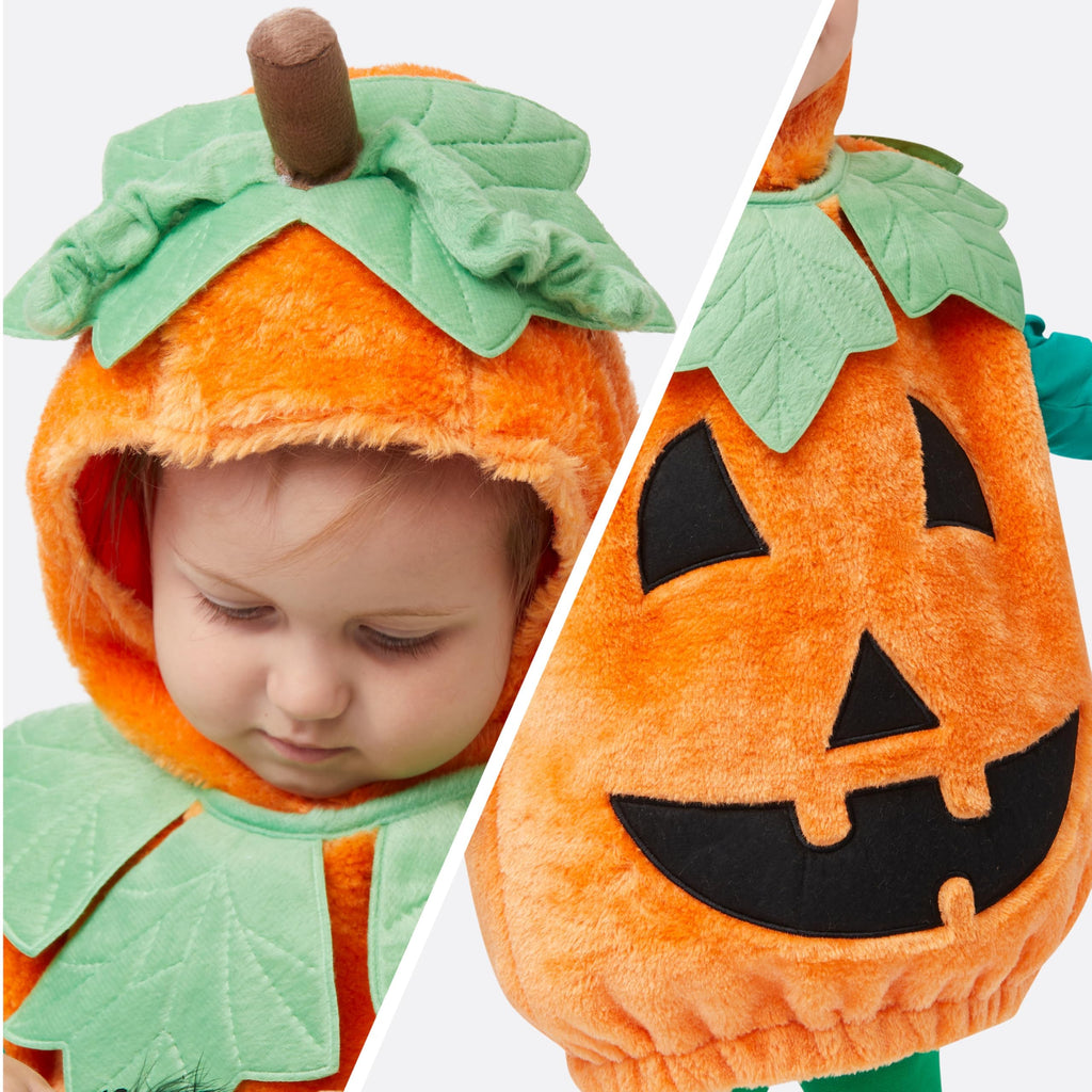 Spooktacular Creations Deluxe Pumpkin Costume with Plush Green leaves for Toddler, Kids Halloween Dress Up, Pumpkin Themed Party (3T)
