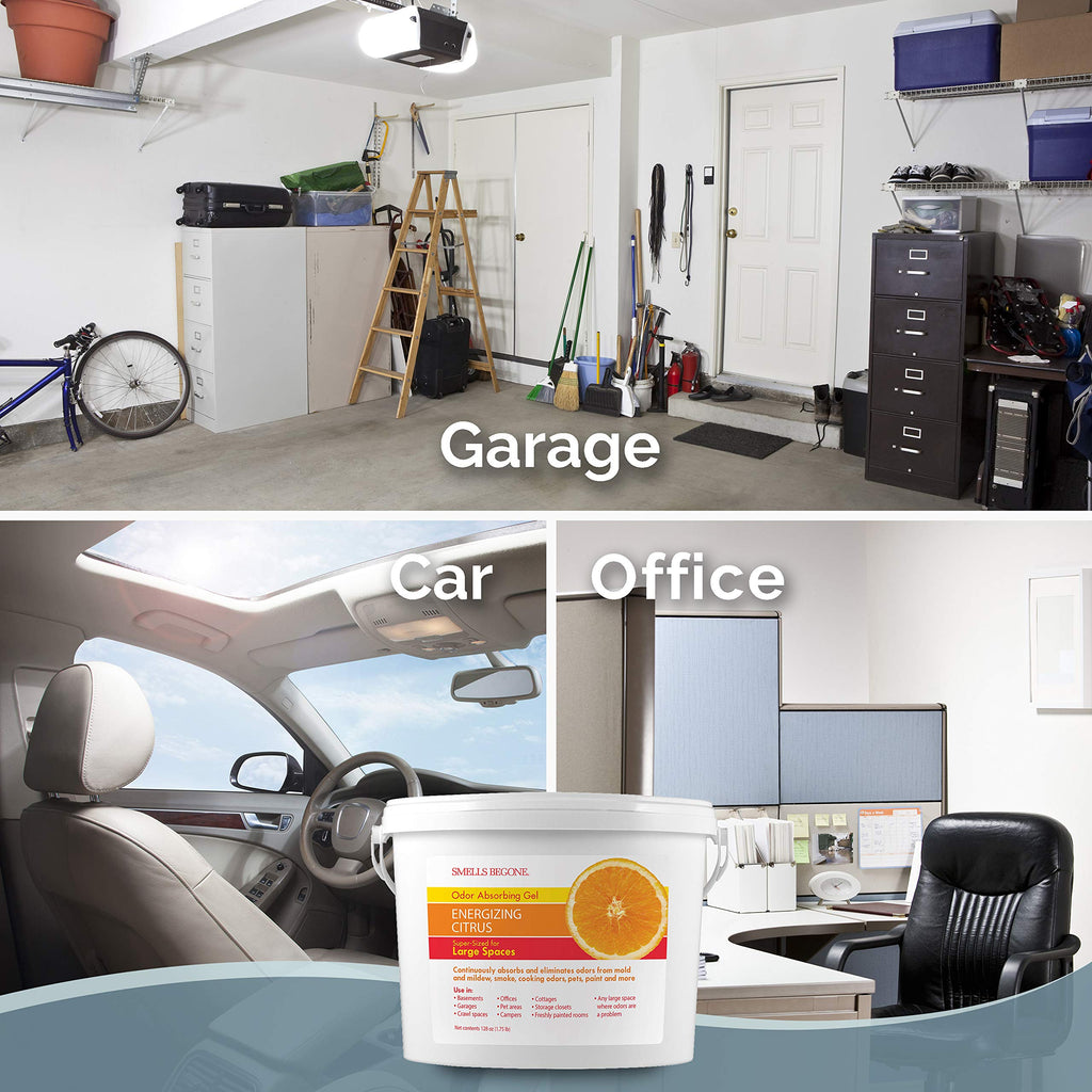 SMELLS BEGONE 1-Gallon Gel Odor Eliminator – High-Capacity, Long-Lasting Absorber for Large Basements, Garages, Workshops & Commercial Areas – Remove Tough Odor with Essential Oils (Energizing Citrus)