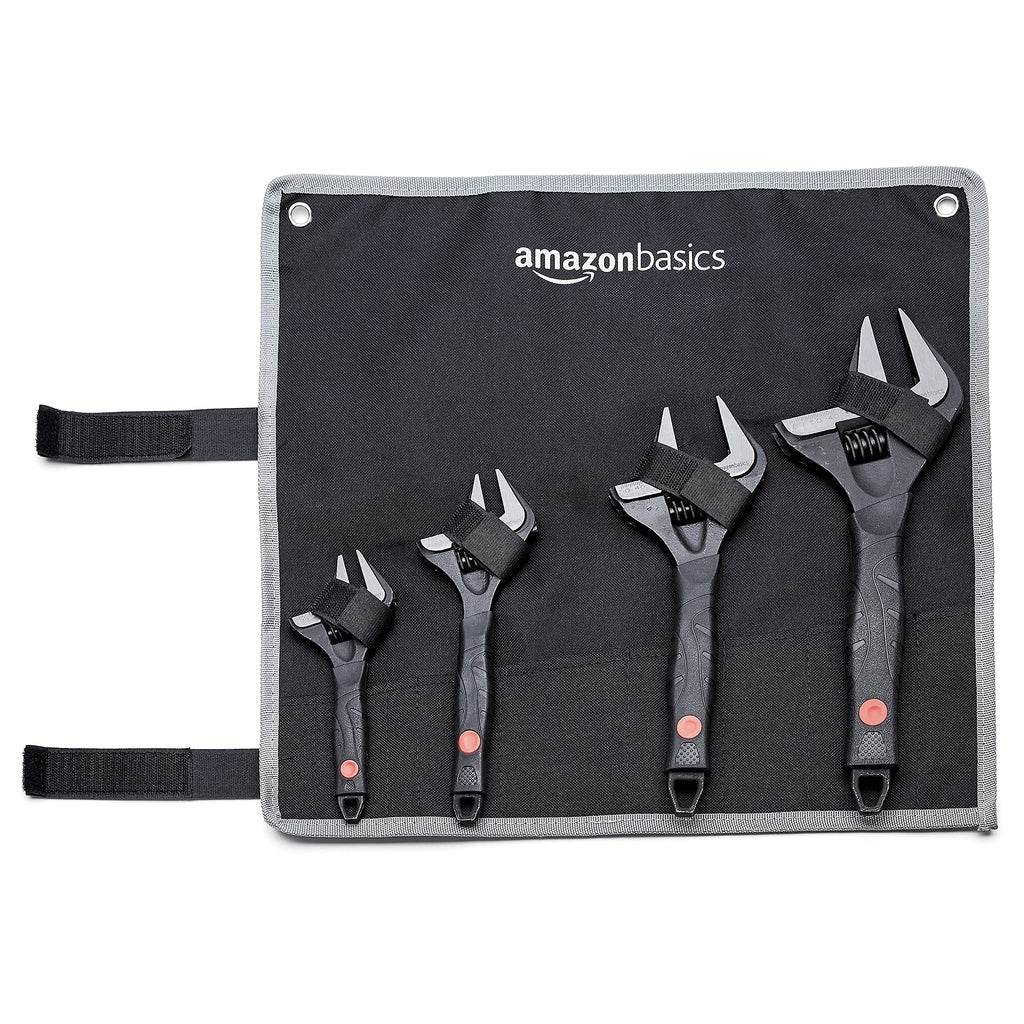 Amazon Basics 4-Piece Wide Jaw Adjustable Wrench Set with Soft Grip, Includes: 6-inch (150mm), 8-inch (200mm), 10-inch (250mm), 12-inch (300mm)