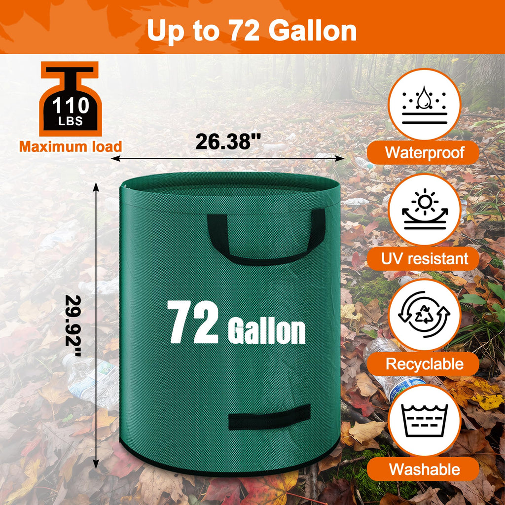 Kendo 72 Gallon Reusable Yard Bags, Heavy Duty 3 PCS Garden Leaf Bags with 4 Reinforced Handles for Fall Leaf Cleanup Grass Clippings Camping Trash