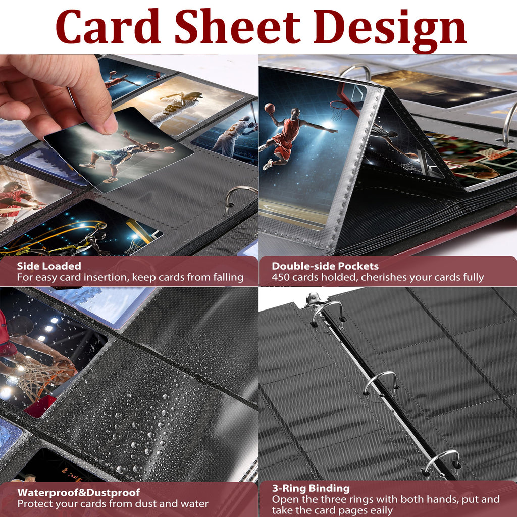 WOT I Deluxe Trading Card Binder, 450 Pockets Collectible Card Binder Sleeves, Refillable Leather 3 Ring Binder with Side-load Pocket Card Pages for Holding Cherished Cards - Red