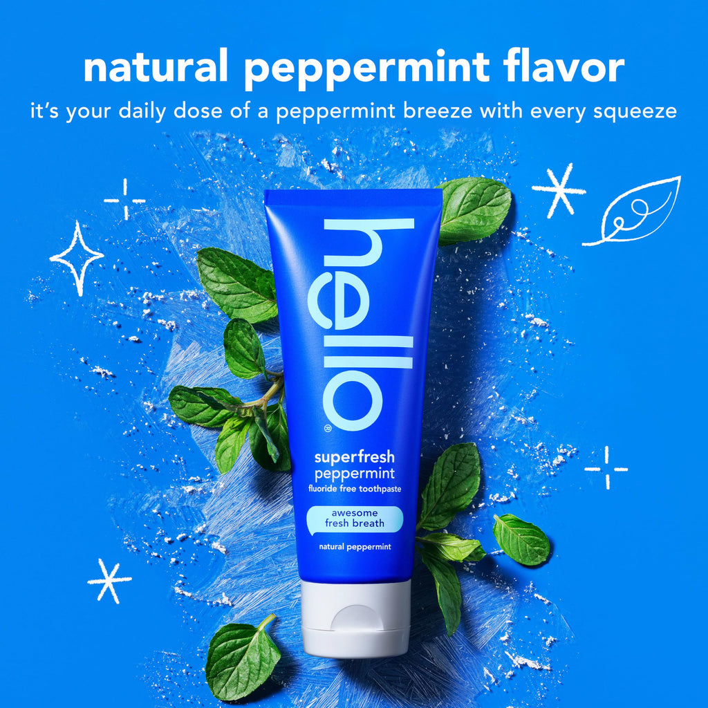 Hello Superfresh Natural Peppermint Fluoride Free Toothpaste for Bad Breath, 5 Oz, Minty Bad Breath Toothpaste, SLS Free, Vegan, Helps Whiten Teeth by Removing Surface Stains (Pack of 3)