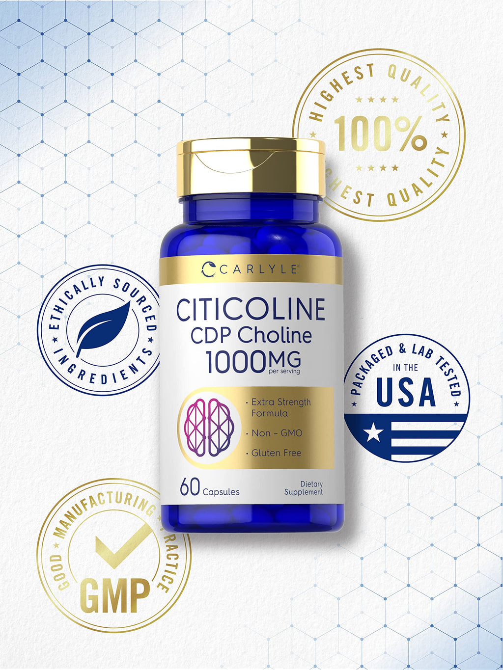 Carlyle Citicoline CDP Choline 1000mg | 60 Capsules | Extra Strength Formula | Non-GMO, Gluten Free Supplement