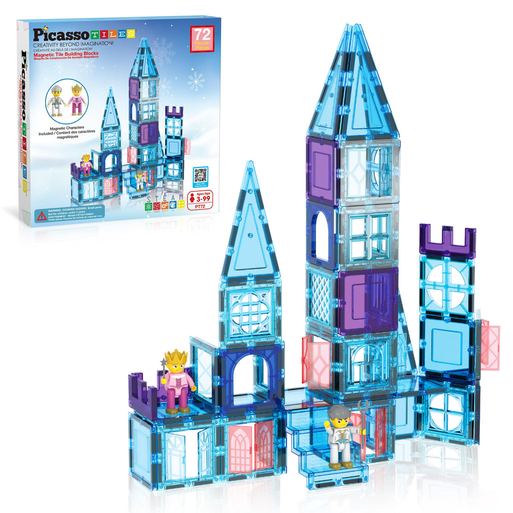 PicasssoTiles 72 Piece Magnetic Building Tiles Castle Winter Ice Theme Construction Magnet Block Set with Princess Prince Character Stairs Windows Doors STEM Learning Educational Toy Kids Ages 3+ PT72