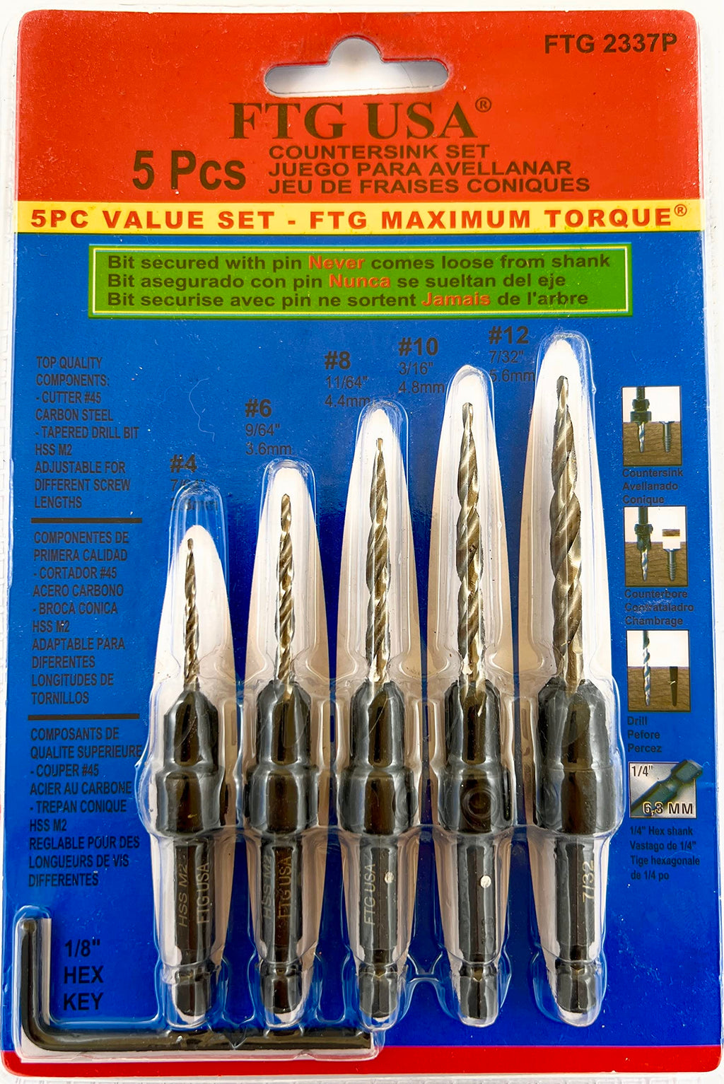FTG USA Countersink Drill Bit Set 5 Pc #4#6#8#10#12 Tapered Drill Bit for Woodworking