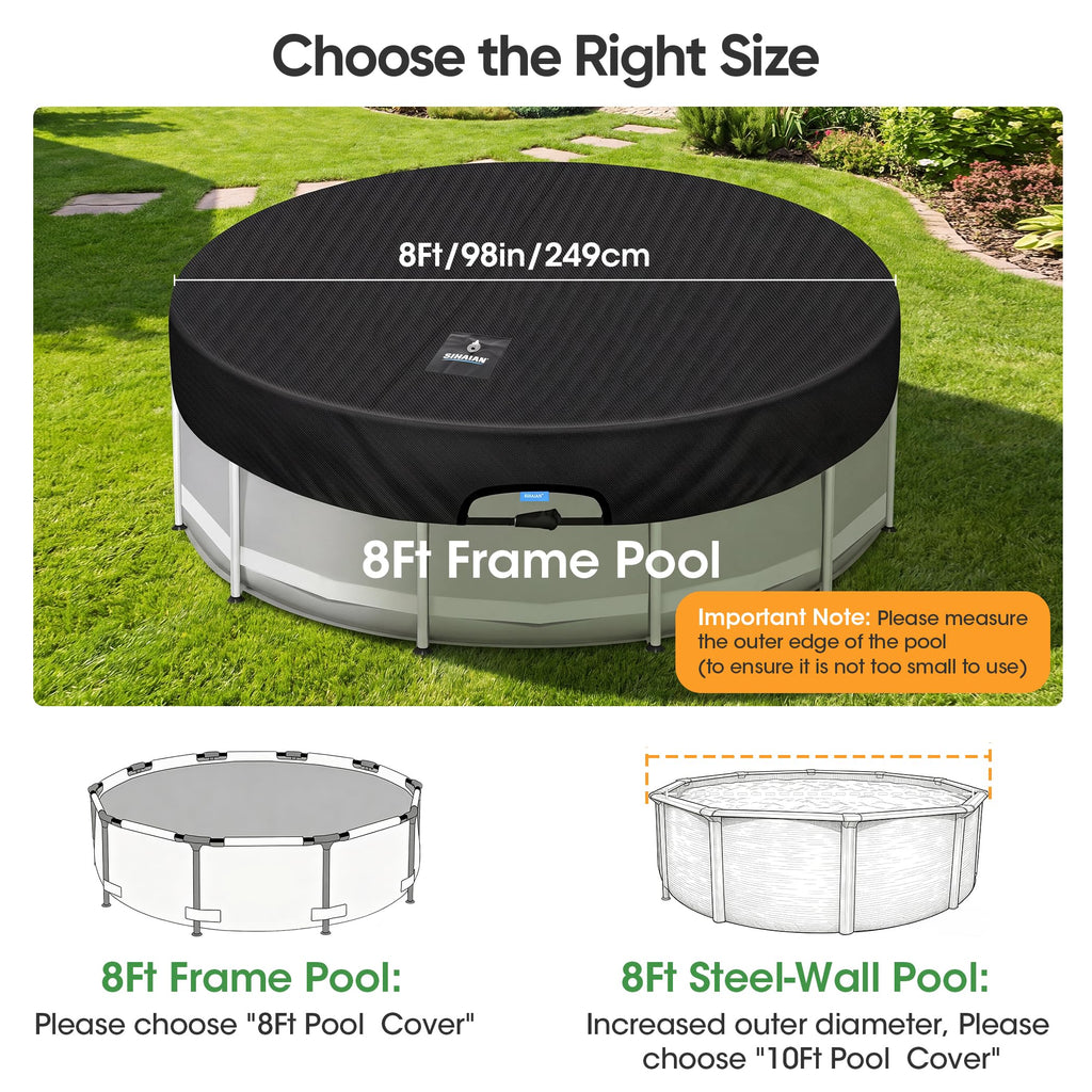SIHAIAN 8 Ft Round Pool Cover, with Automatic Drain Stock Tank Pool Cover, Patented One-Piece Tensioning System Above Ground Pool Cover, Preventing Waterlogging, Yarn-Dyed Oxford Fabric Solar Cover