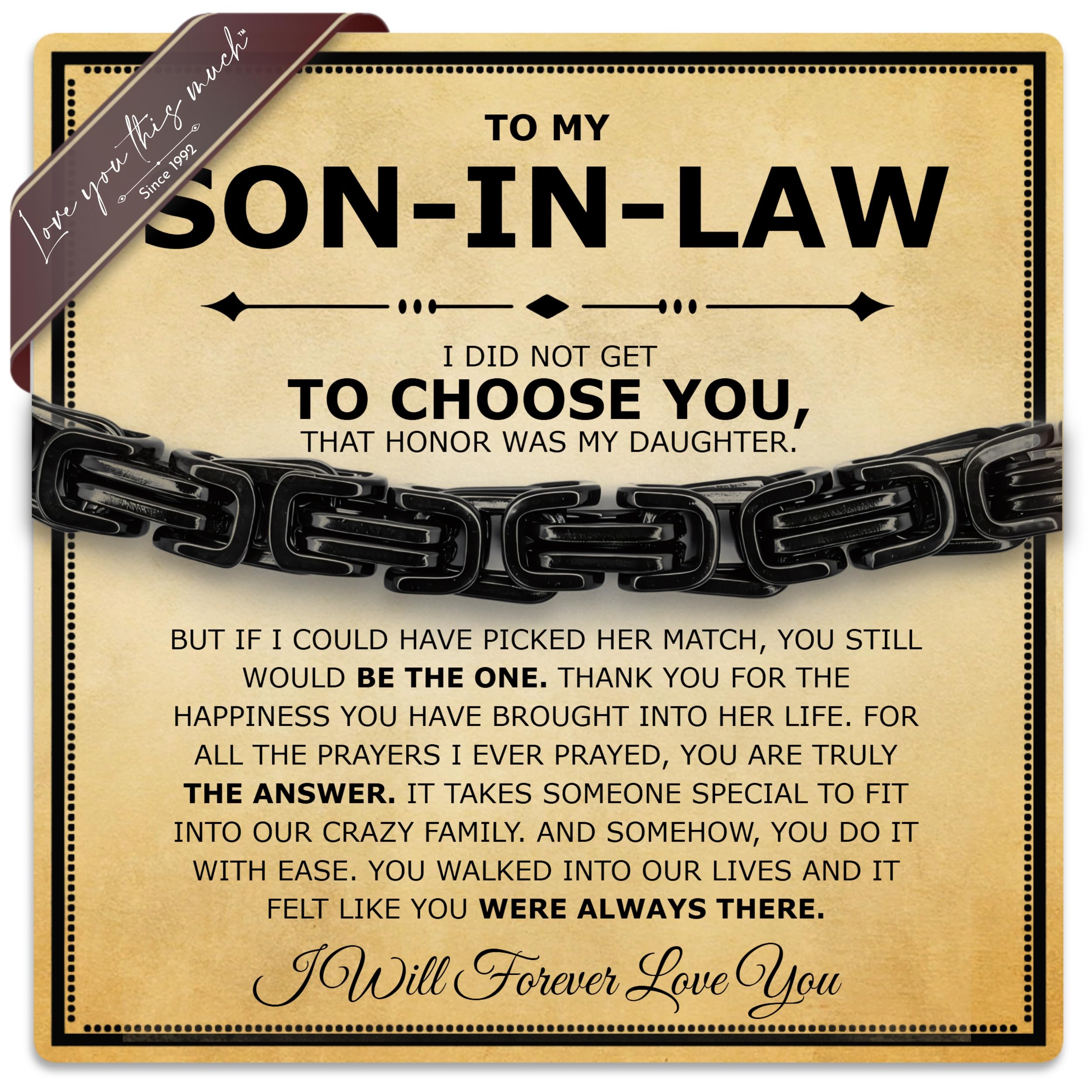 Love You This Much Son In Law Gift | Mens 5mm Twist Link Steel Bracelet | Best Present Ideas for Son in Law | 8" + 1" Extender | Luxury Gift Box & Card (Black/Black)