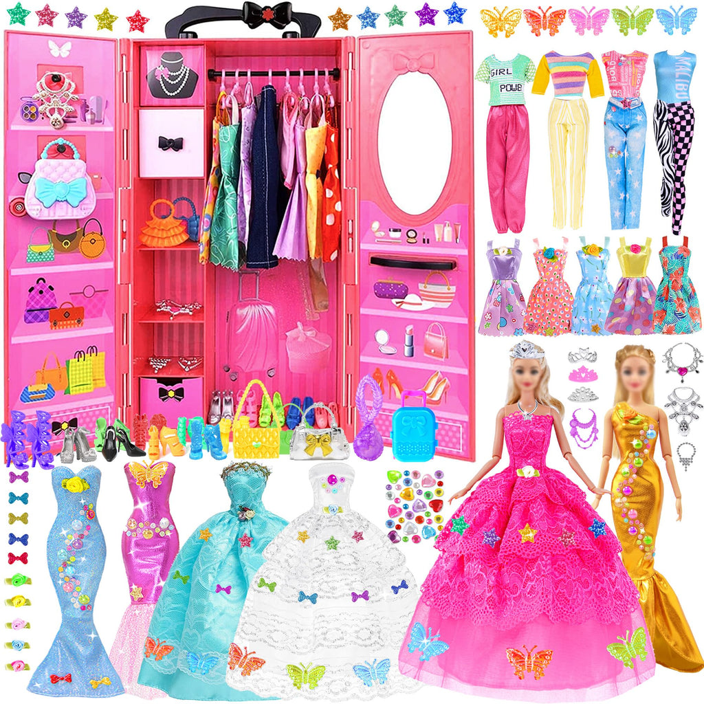 iBayda 139pcs 11.5-inch Fashion Doll and Wardrobe Playset: Wedding Dress, Outfits, Shoes, Bags, Necklace, DIY Stickers Accessories