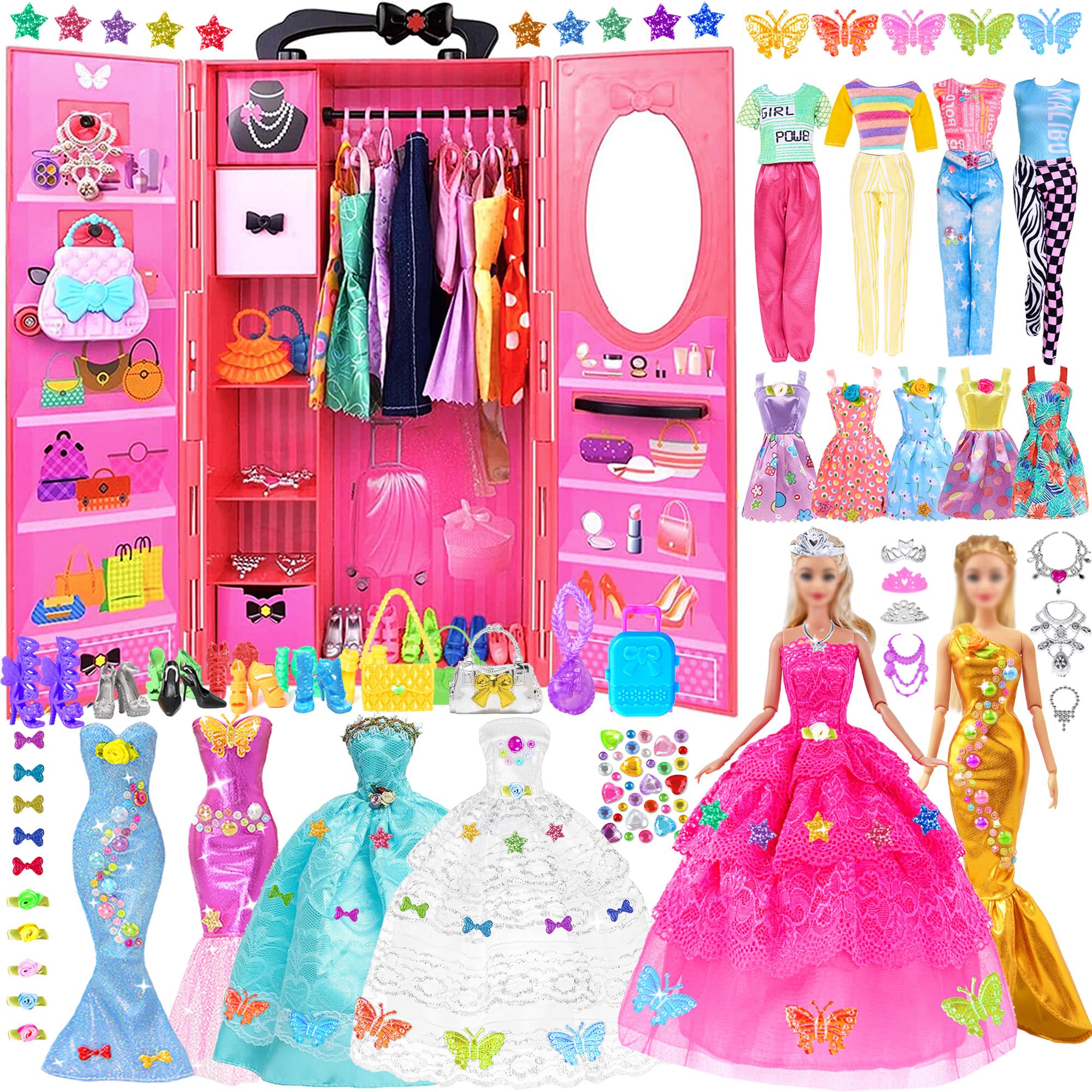 iBayda 139pcs 11.5-inch Fashion Doll and Wardrobe Playset: Wedding Dress, Outfits, Shoes, Bags, Necklace, DIY Stickers Accessories