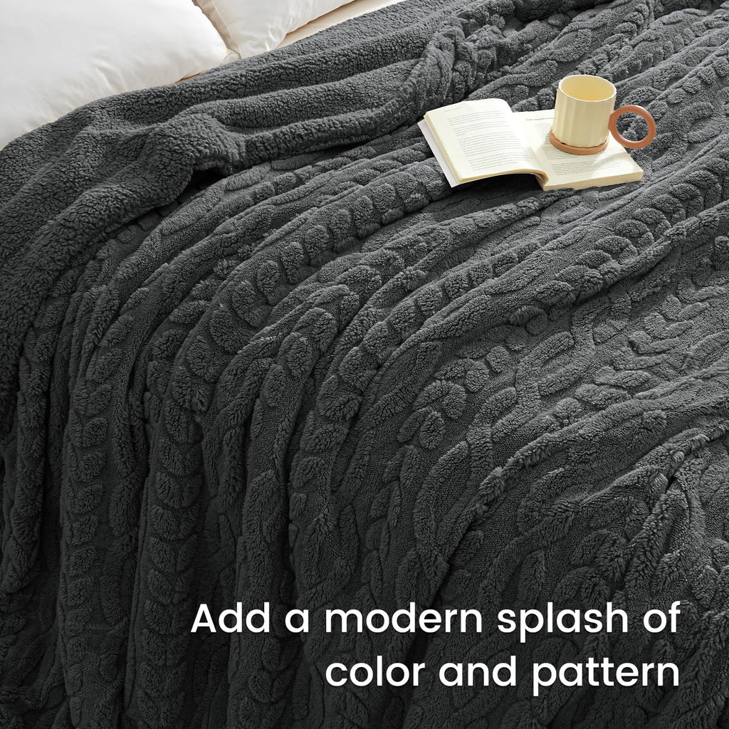 PHF Fluffy Sherpa Blanket Queen Size for Winter, Warm and Soft, 510GSM 3D Jacquard Thick Shaggy Fleece Plush Blanket for Sofa Bed, Dark Grey, 90"x90"