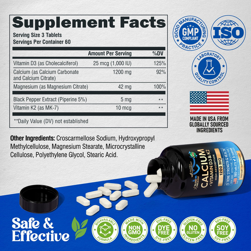 Calcium 1200 mg with Vitamin D3 - Calcium Citrate Supplements for Women & Men - Bone Health, Strength & Density - High Absorption & Slow Release - Lab Tested, Made in USA - 180 Tablets, 60 Days Supply