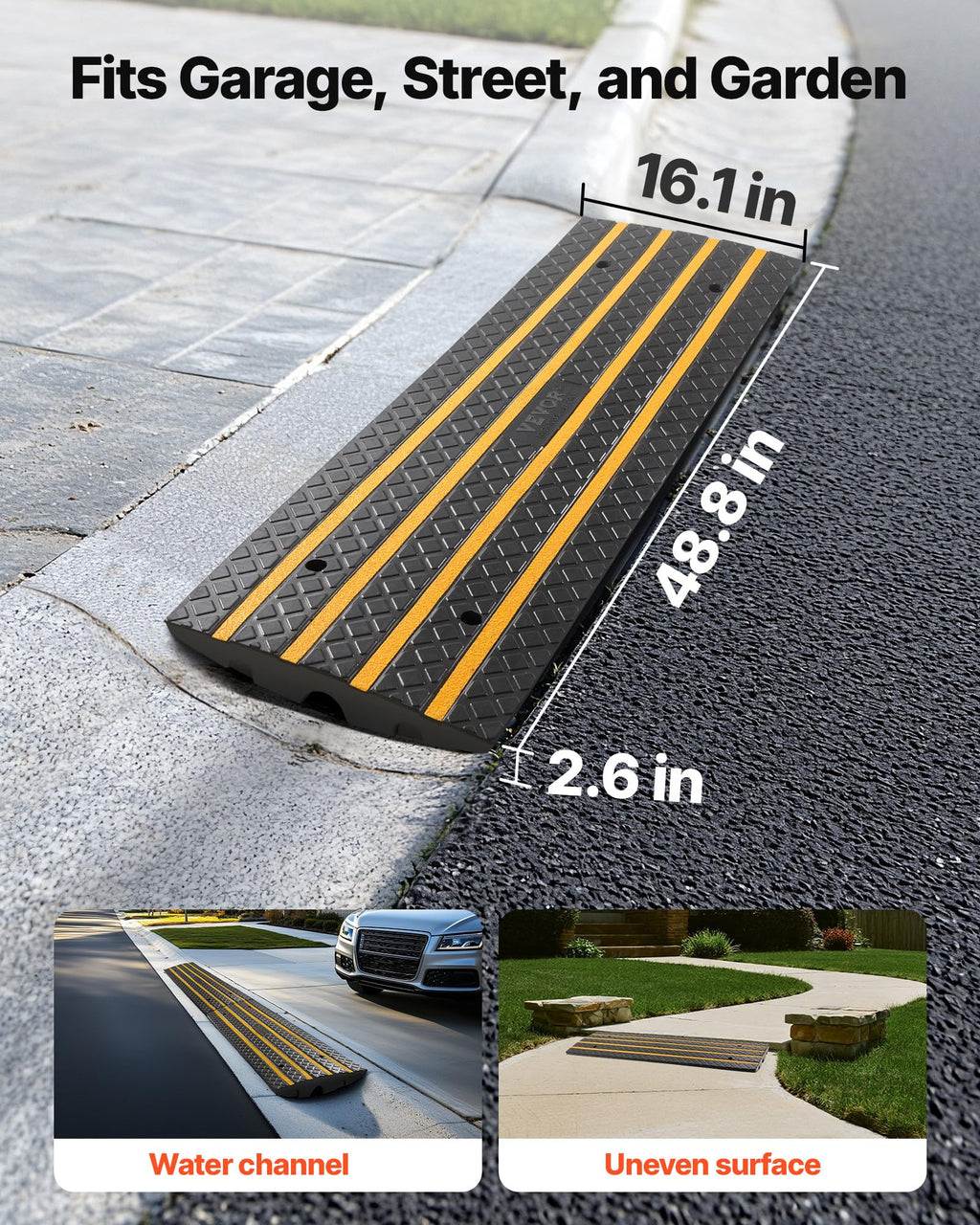 VEVOR Car Driveway Rubber Curb Ramp, 1 Pack 4FT Long Heavy Duty Low Profile Slope Ramps, 2.6’’ Rise, 33069 lbs Load Capacity, Reflective Safety Strips, for Vehicles, RVs, and Wheelchairs