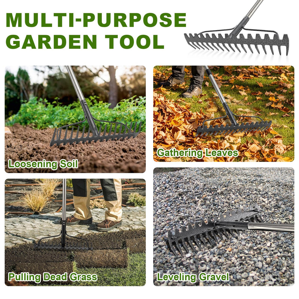 65" Heavy Duty Garden Rake Bow Rake with 17 Tines & Stainless Handle
