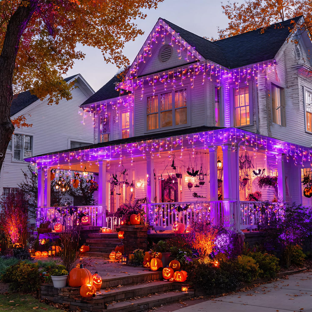 JMEXSUSS 400 LED Orange and Purple Halloween Lights Outdoor, 38.8 FT Orange and Purple Icicle Light Outdoor Waterproof, 8 Modes Halloween Lights Plug in for House Christmas Party Decorations