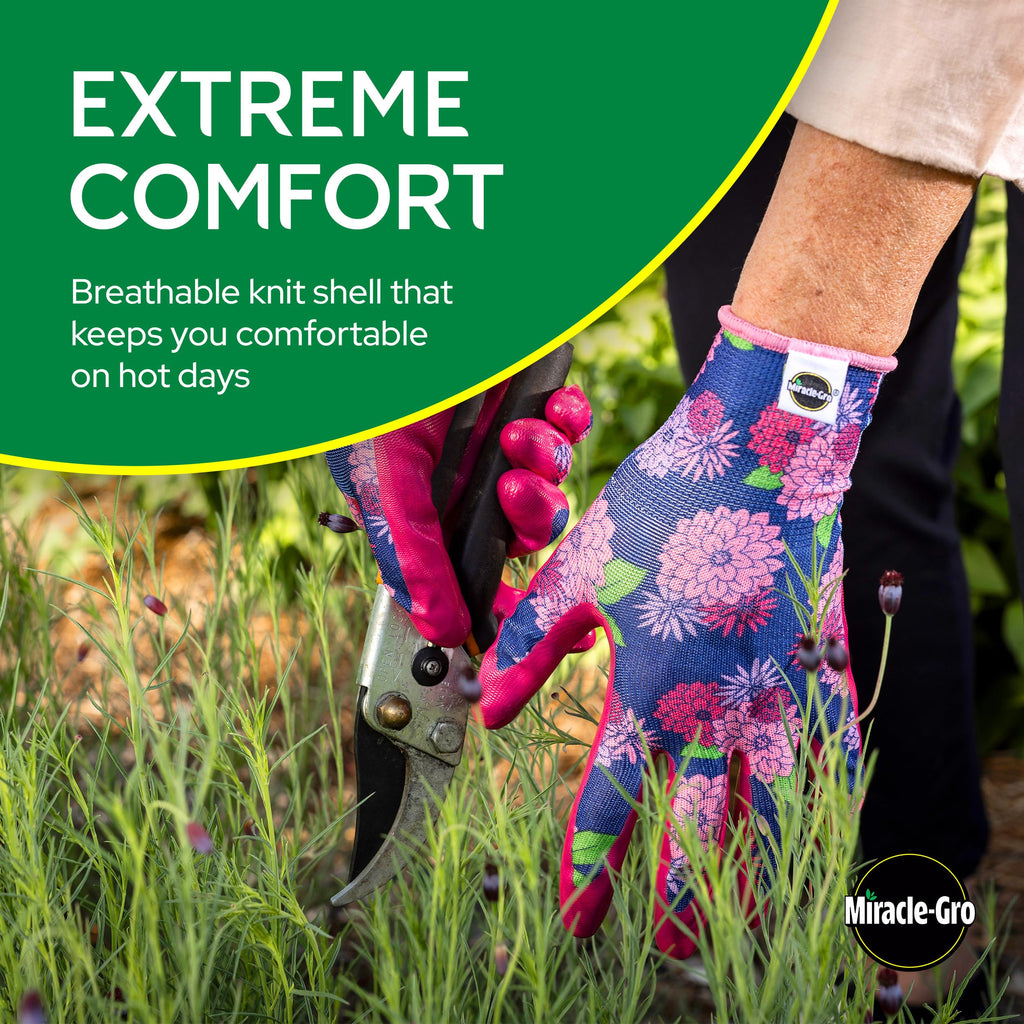 Miracle-Gro Women's Nitrile Coated Grip Floral Pattern Gardening Work Gloves 3-Pack, Extreme Comfort, Excellent Grip, Water Resistant, Pink/Purple, Medium, (MG37126/WML)