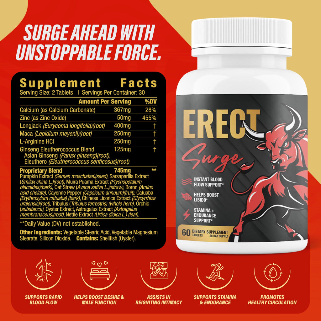 Erect SURGE™ - Fast Acting Male Blood Flow Pills for Performance, lntimacy, Hardness | Helps Boost Desire, Stamina & Size | 20 Ingredients for Men to Restore Confidence | 3rd Party Tested - 60 Tablets