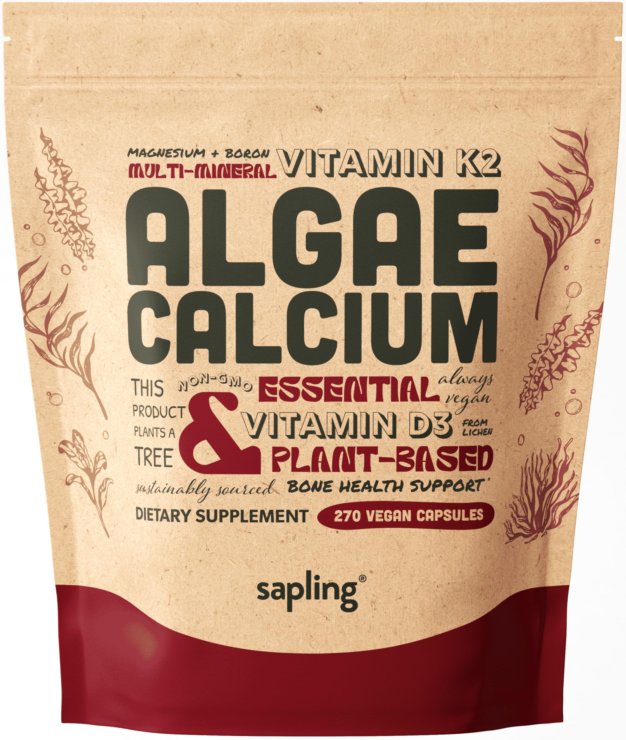 Calcium Supplement - Whole Food with Vitamin K2 & D3, Magnesium, Zinc, Boron, Mineral Complex. Sourced Sustainably from Red Algae. for Bone Strength and Support. Non-GMO & Vegan (270 Count)