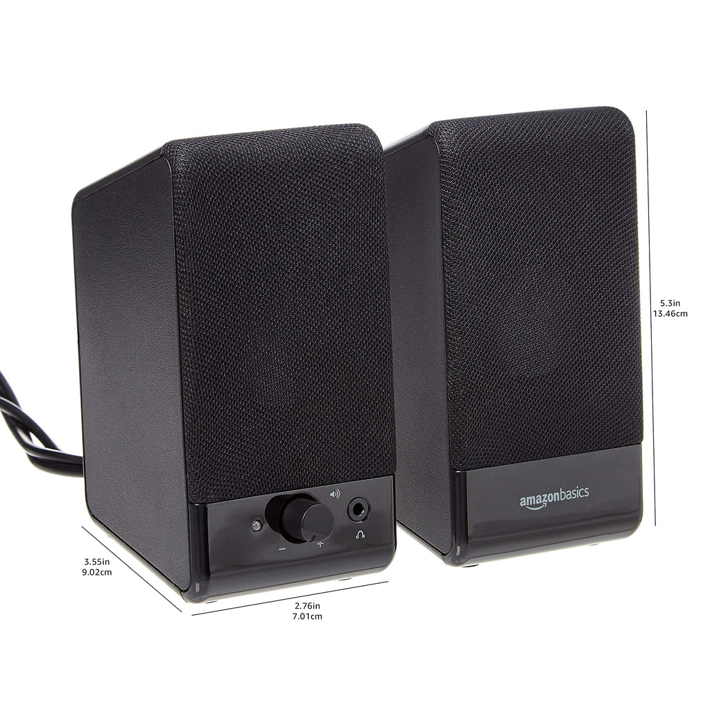 Amazon Basics USB-Powered Computer Speakers with Volume Control for Desktop or Laptop PC, Compact Size, Headphone Jack, Portable, Plug-N-Play, Black