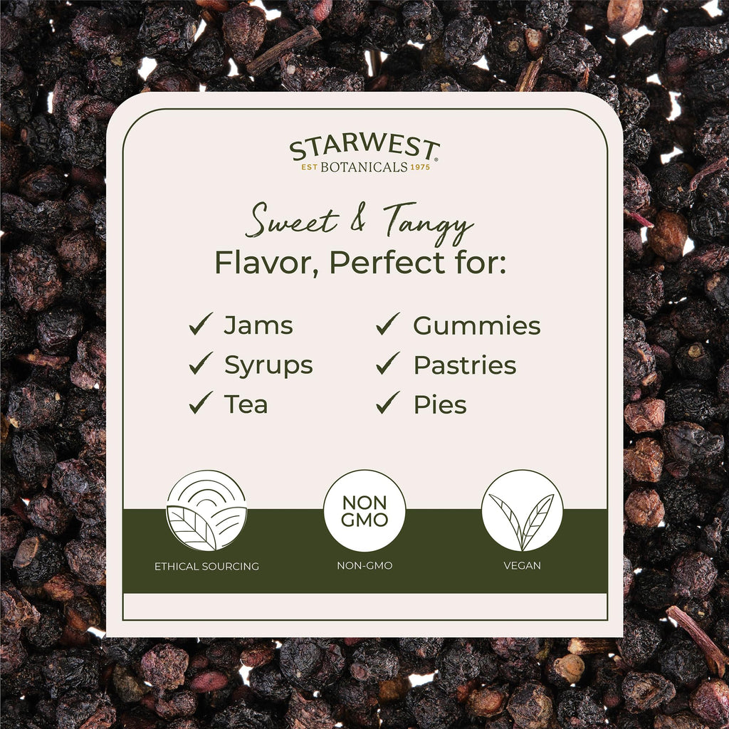 Starwest Botanicals Organic Elderberries - Dried Elderberries for Syrup, Tea, Gummies, & Jam, Certified Kosher, Non-GMO - Bulk 1 lb Bag