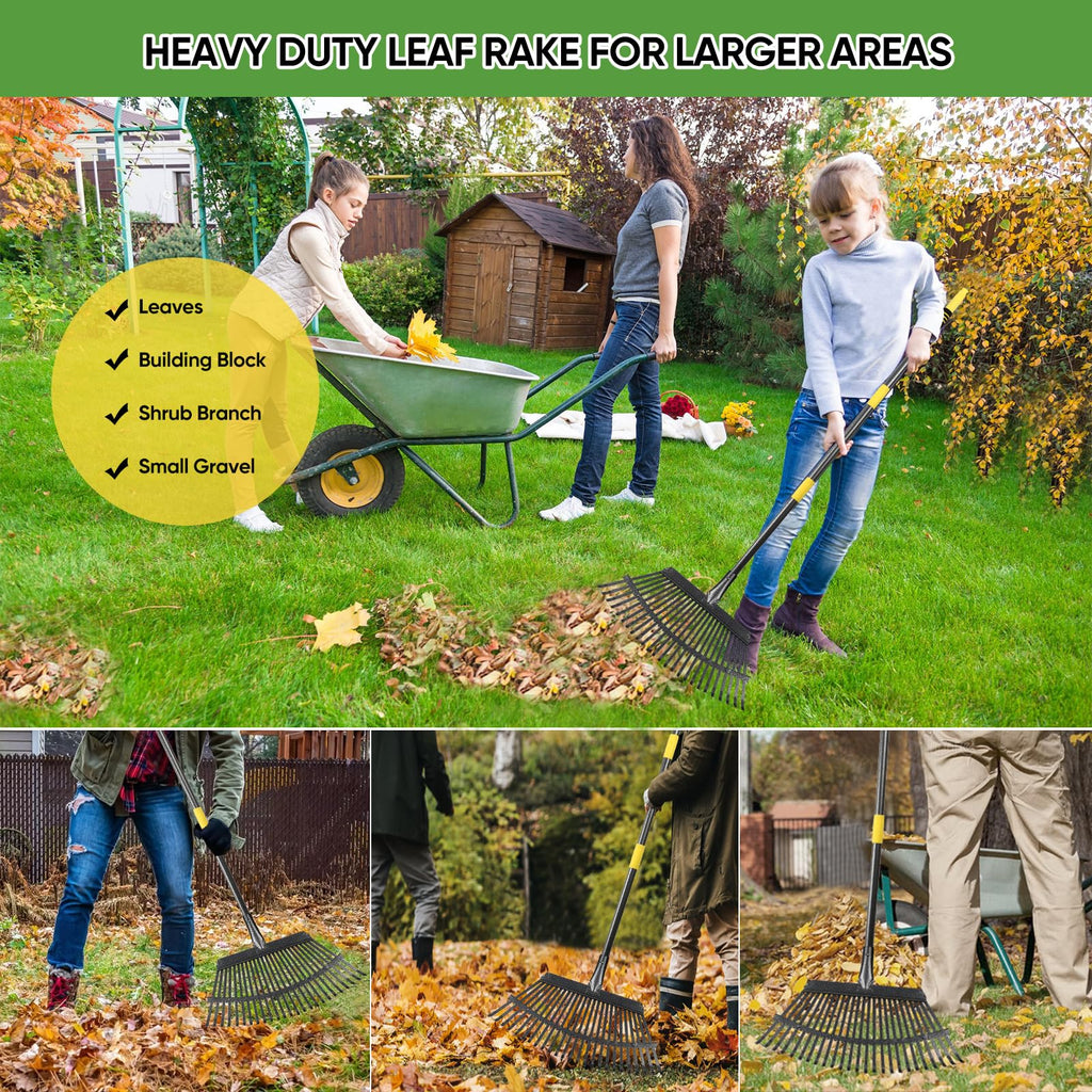 Coopvivi Garden Leaf Rakes, 6FT Rakes for Lawns Heavy Duty 25 Metal Tines 18.5 inch Wide, Adjustable Steel Handle, Rakes for Leaves, Gathering Shrub, Grass, Flower Beds