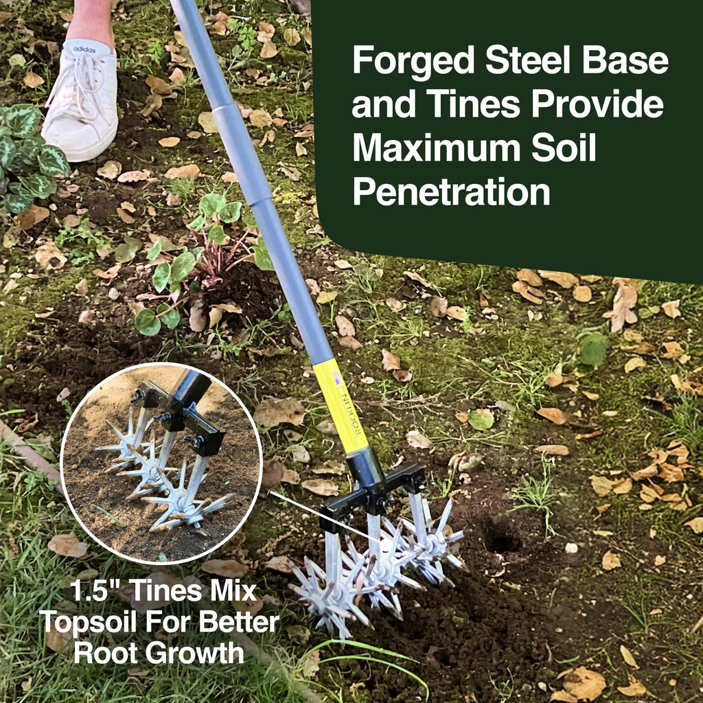 Heavy-Duty Rotary Cultivator with 2X Steel Tines for All Soil Types - Till, Aerate, Weed & Mix Soil | 60" Extra Long Handle