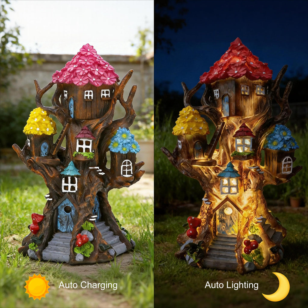 BLBYHO Solar Fairy House 11.8” Tall Fairy Garden House for Outside, Large Fairy Garden Treehouse Accessories Outdoor, Gnome House Garden Statue Fairy Tree House, for Home, Yard, Balcony Decor
