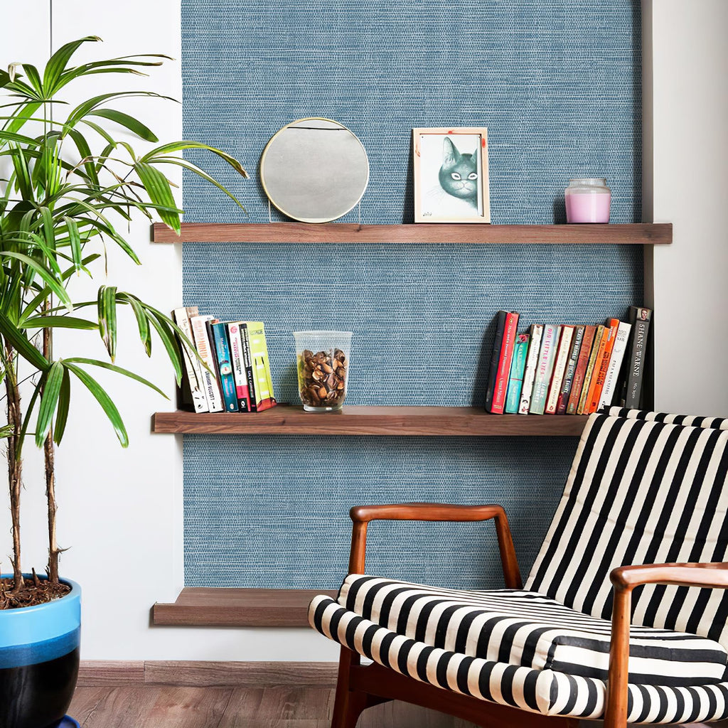 JiffDiff Grasscloth Wallpaper Peel and Stick 1181" x 17.3" Blue Cream Grassweave Stick on Wallpaper Textured Self Adhesive Wall Paper Contact Paper