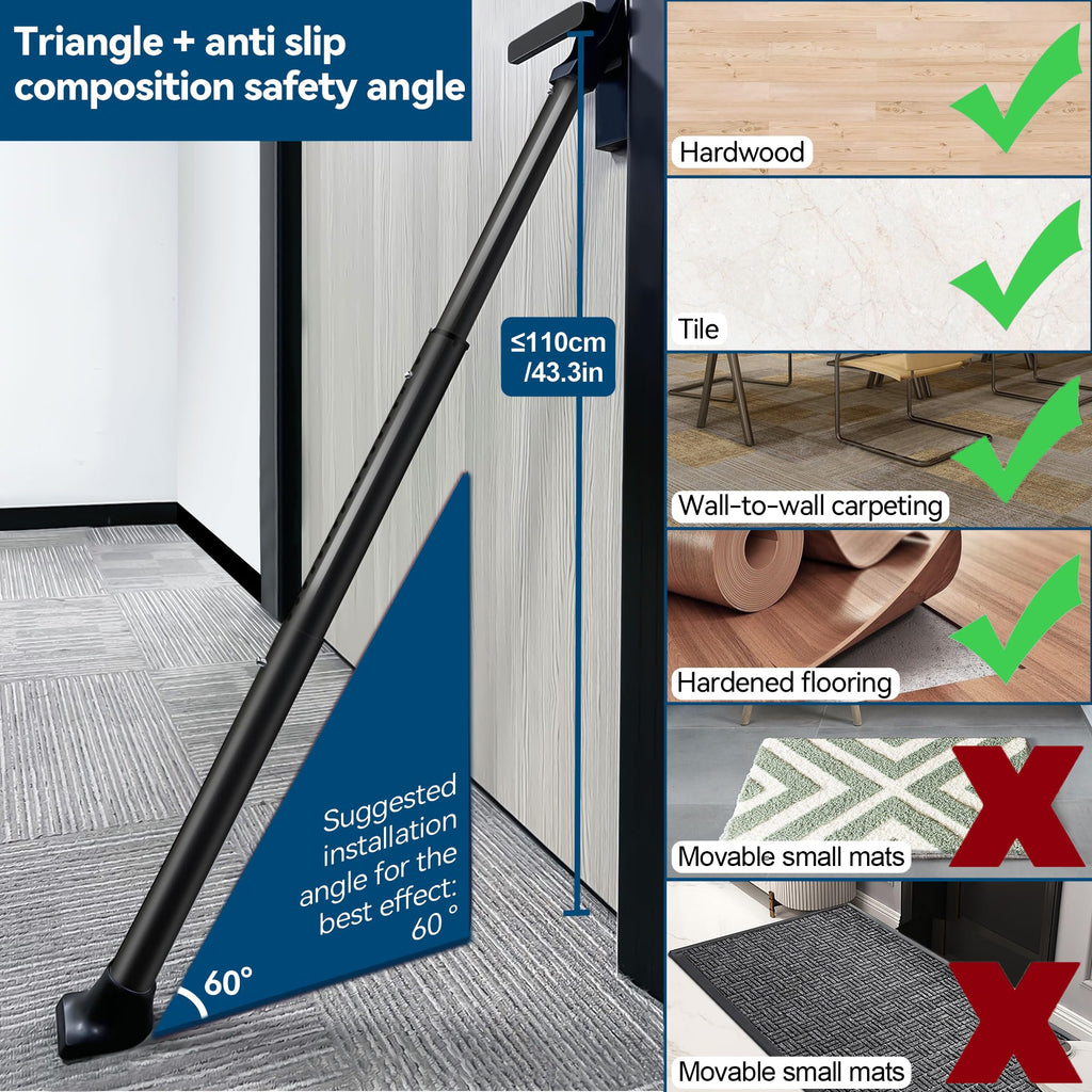 Door Security Bar, Rerishom Door Stoppers Security bar,Heavy Duty Door Lock Security Door Jammer Door Stopper for Apartment, Hotel Room,Screen Door Hardware (Dark Black, 1 Pack)