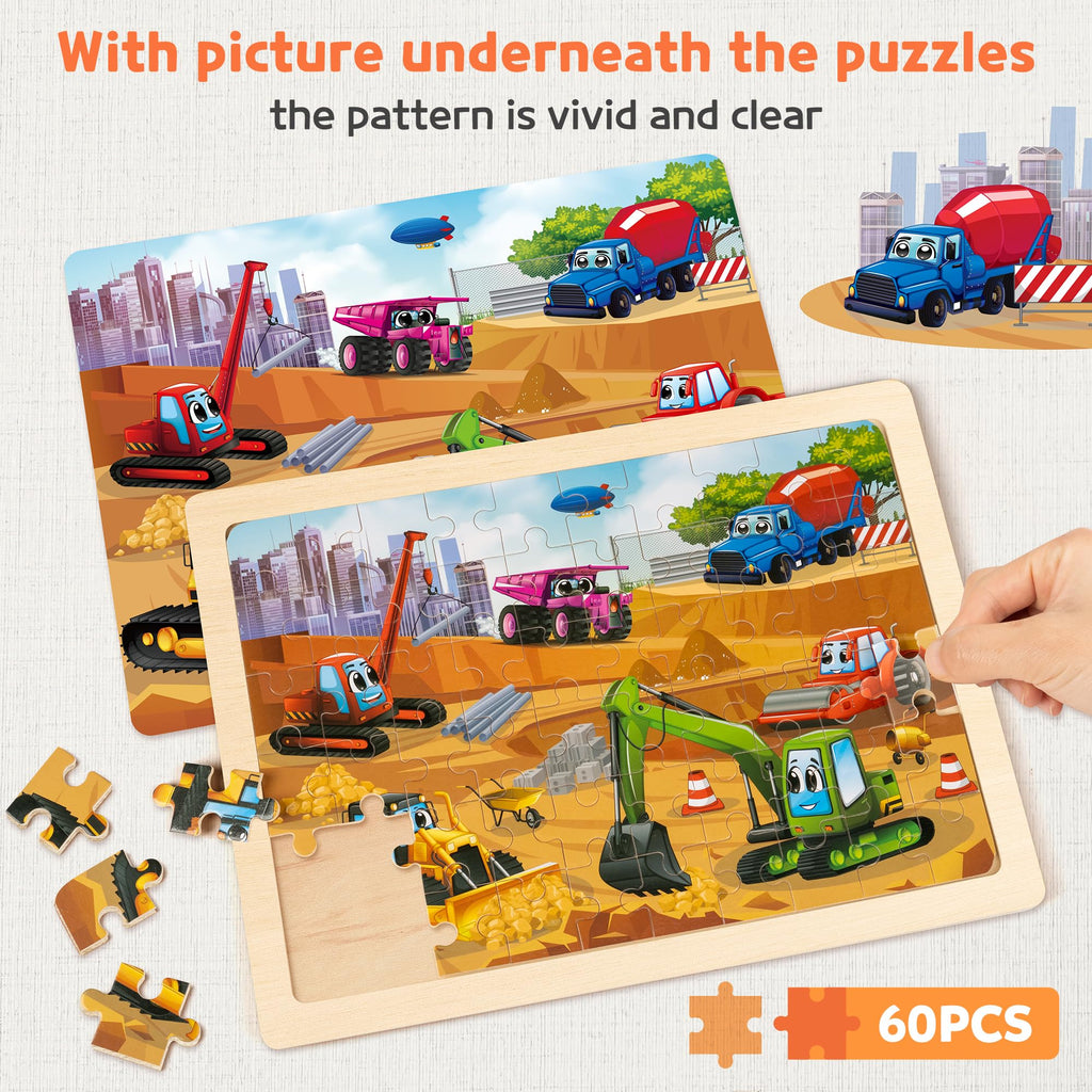 SYNARRY Large Wooden Vehicle Jigsaw Puzzles for Kids Ages 4-8, 60-Piece