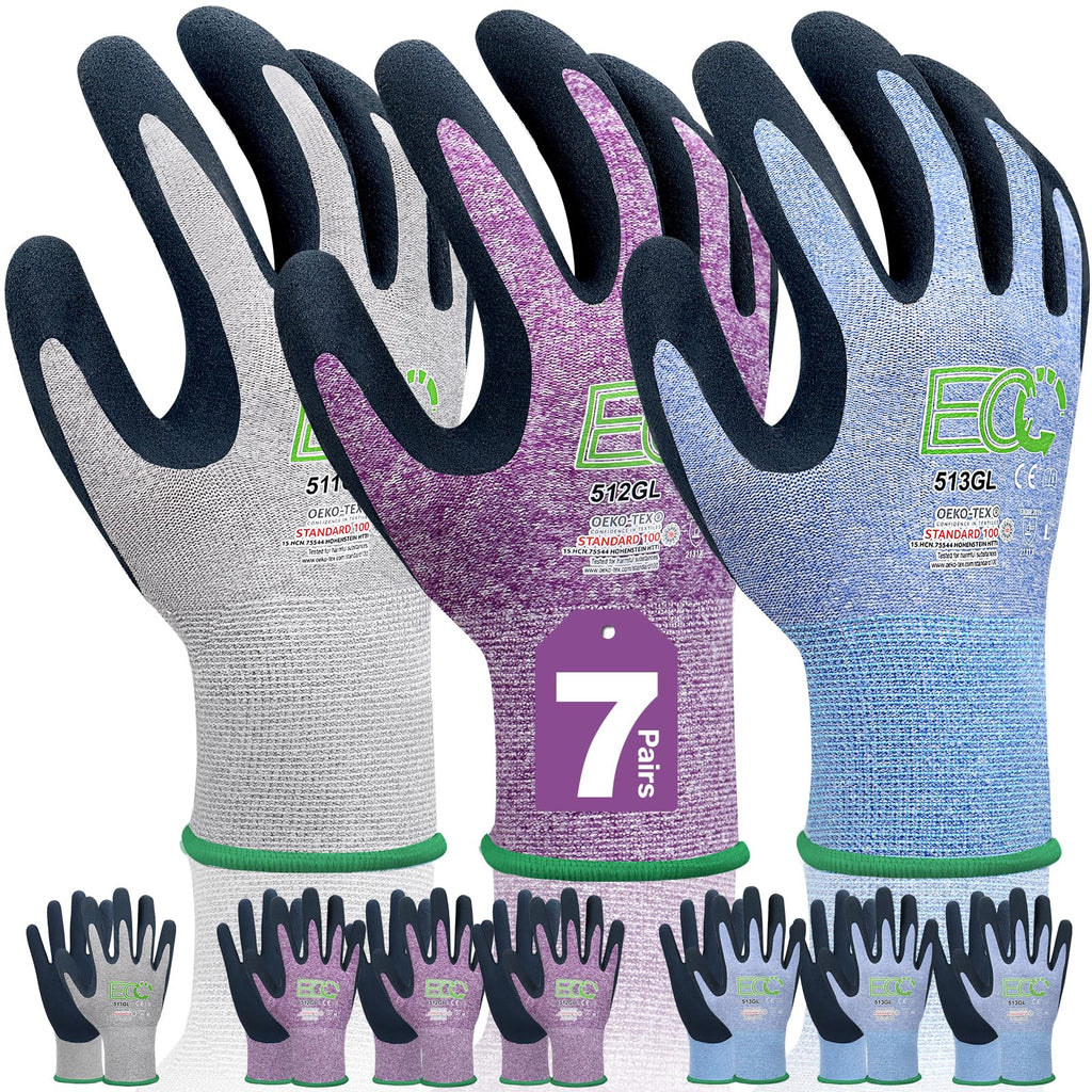 KANGLONGDA 7 Pairs Women Gardening Gloves, EN388 2131X Outdoor Protective Work Gloves with Breathable Micro-Foam Coating for Gardening, General Purpose, Courtyard, 3 Purple + 3Blue +1 Grey