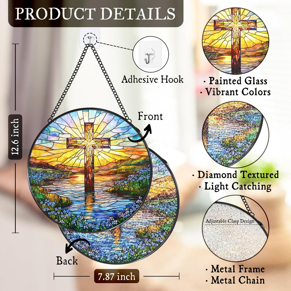 WUHSDIBC Cross Forget Me Not Stained Glass Window Hanging Suncatcher, Christian Flower Sunset Sun Catcher Indoor Window Decor Gifts, Religious Painted Glass Round Wall Hanging Decorations 7.8x7.8 in