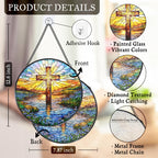 WUHSDIBC Cross Forget Me Not Stained Glass Window Hanging Suncatcher, Christian Flower Sunset Sun Catcher Indoor Window Decor Gifts, Religious Painted Glass Round Wall Hanging Decorations 7.8x7.8 in