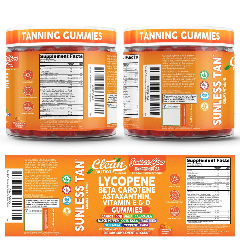 Sunless Glow Lycopene Beta Carotene Tanning Gummies Astaxanthin Vitamin C D E Flax Seed Selenium Amla l Tyrosine PABA Black Pepper 60 Count Strawberry Banana Flavor by Clean Nutra
