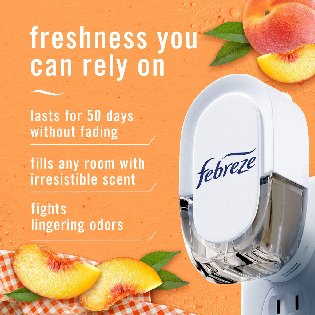 Febreze Plug In Air Freshener, Odor-Fighting Scented Oil Refill, Air Fresheners for Home and Bathroom and Kitchen, Long Lasting for Strong Odors, Juicy Summer Peaches Scent, 0.87oz Refills, 4 Count