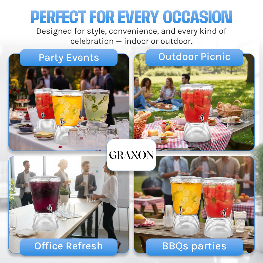 Drink Dispensers for Parties (2.5 Gallon) Large Plastic Water Dispenser for Counter Tops, No Mess, Easy to Assemble & Wash, Up to 40 Drinks, For Drinks, Juice, Punch & Water (2 Pack)
