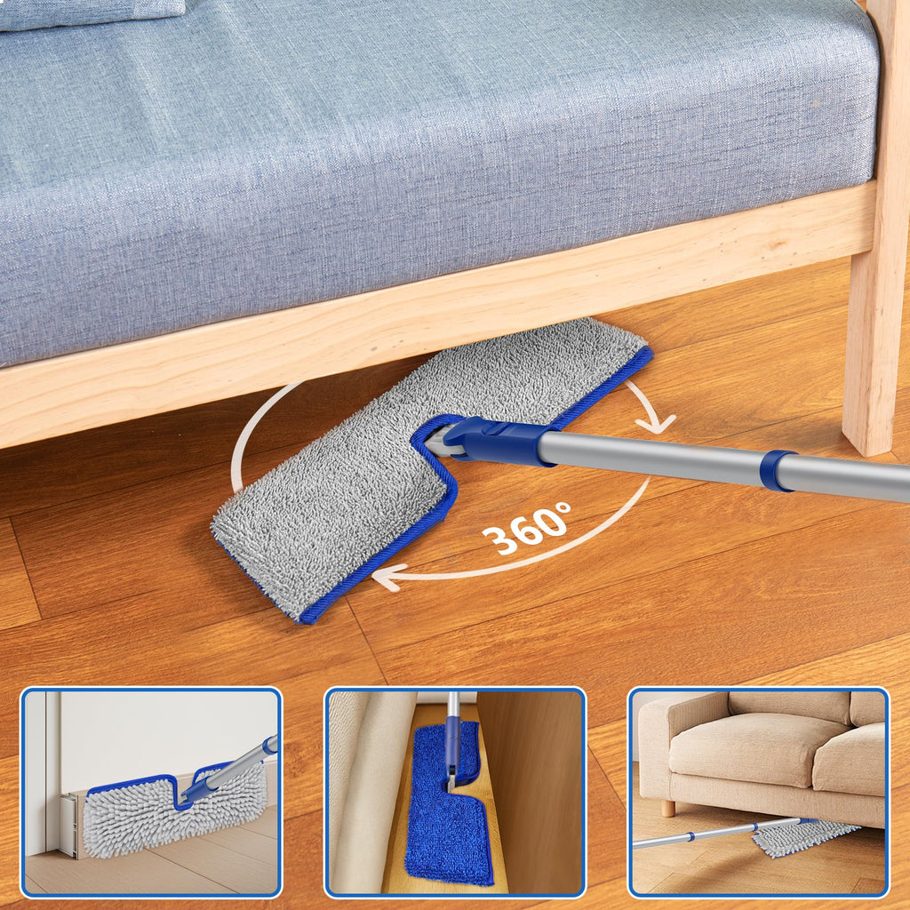 Enspoway 2-Sided Microfiber Dust Mop: Dry Flat Wall Mop for Hardwood Floors with 3 Reusable Pads Reversible Head for Apartment Kitchen Tile Laminate Pet Hair Cleaning