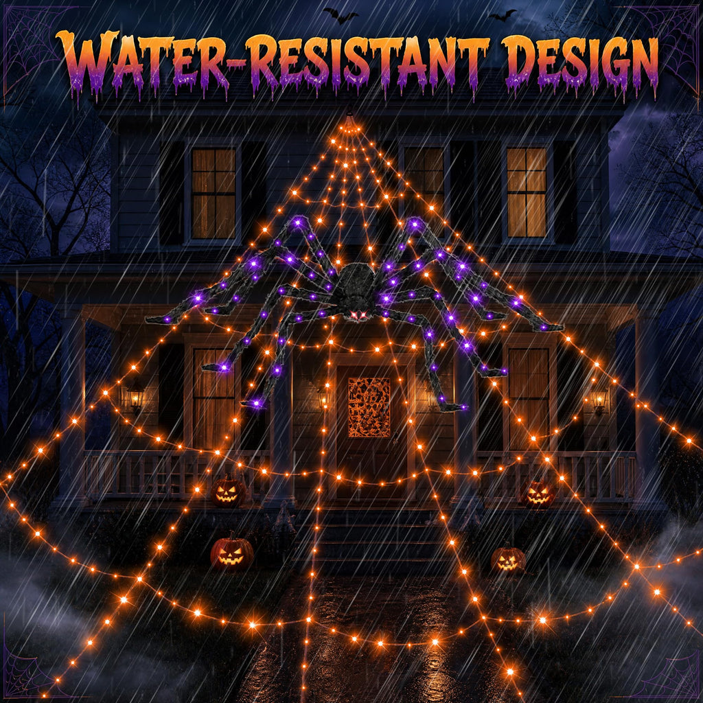 Halloween Decorations 16 Ft Spider Web Lights, Super-Realistic Giant Cobweb Indoor/Outdoor Purple Lights, Battery & 8 Modes Remote Control
