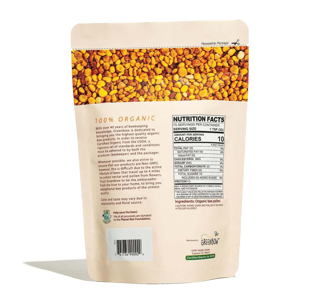 Greenbow Organic Bee Pollen - 100% USDA Certified Organic, Non-GMO, Halal, Kosher, Certified GMP, Pure & Natural Bee Pollen - Superfood Packed with Proteins, Vitamins & Minerals - Gluten Free - 8oz