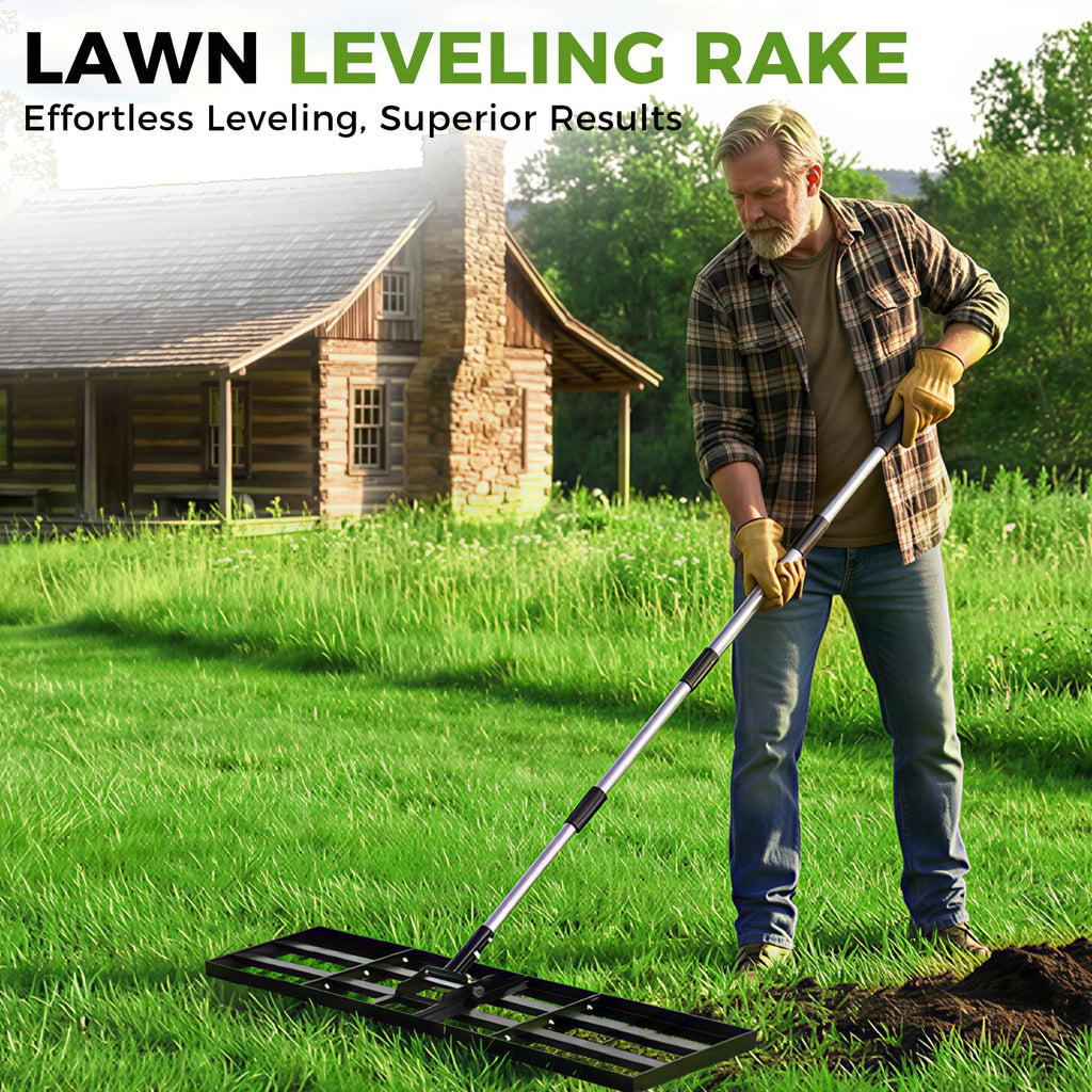 Lawn Leveling Rake, 45"x10" Stainless Steel Lawn Leveler with 76" Adjustable Handle, Heavy-Duty Yard Leveling Rake for Garden, Golf Course, Farm, Pasture, Professional Lawn Care Tool